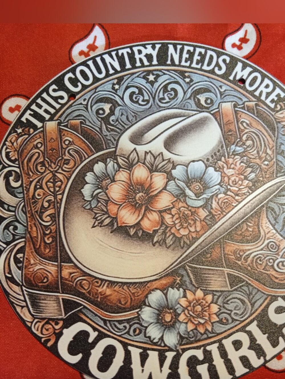 Red Cowgirl Graphic Wall Art with 'This Country Needs More Cowgirls'